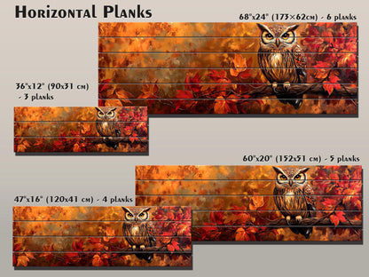 Rustic Wood Wall Art – Autumn Owl Painting on Linden Planks with Vibrant Fall Leaves