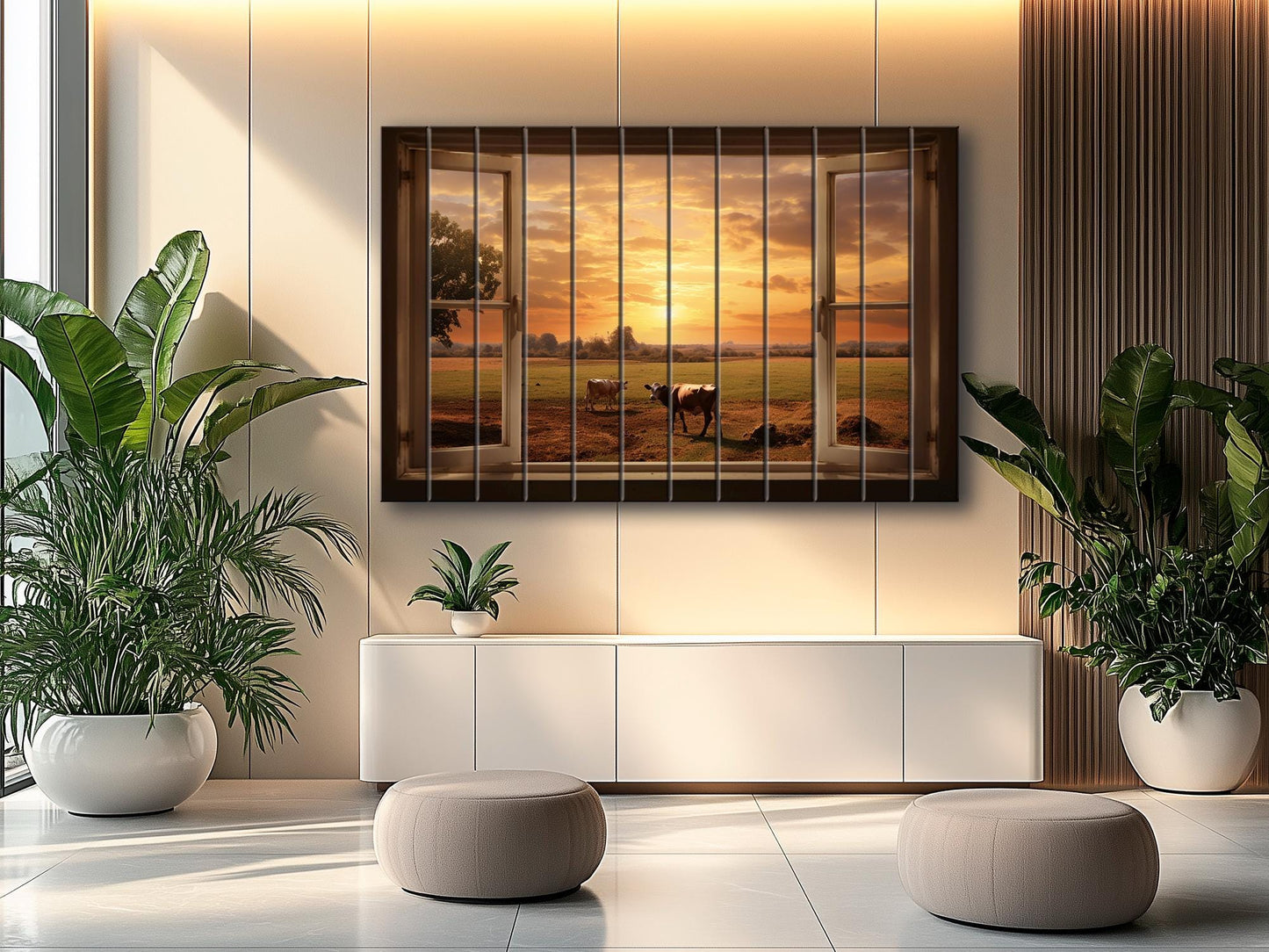 Rustic Wood Wall Art – Open Window Farmhouse Landscape Decor on Natural Wood Planks