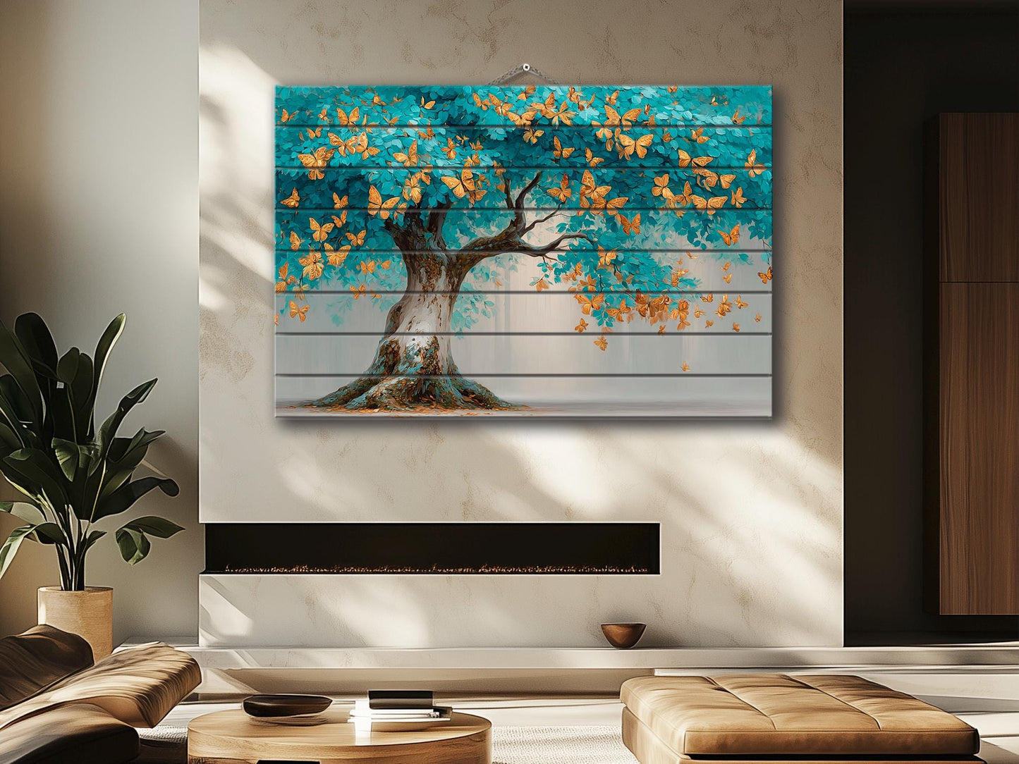 Tree Butterfly Wall Art – Abstract Tree Art Gold Turquoise Wood Wall Decor