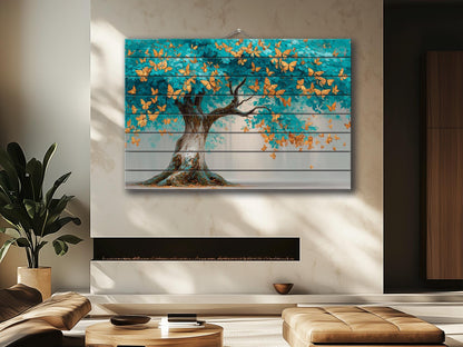 Tree Butterfly Wall Art – Abstract Tree Art Gold Turquoise Wood Wall Decor