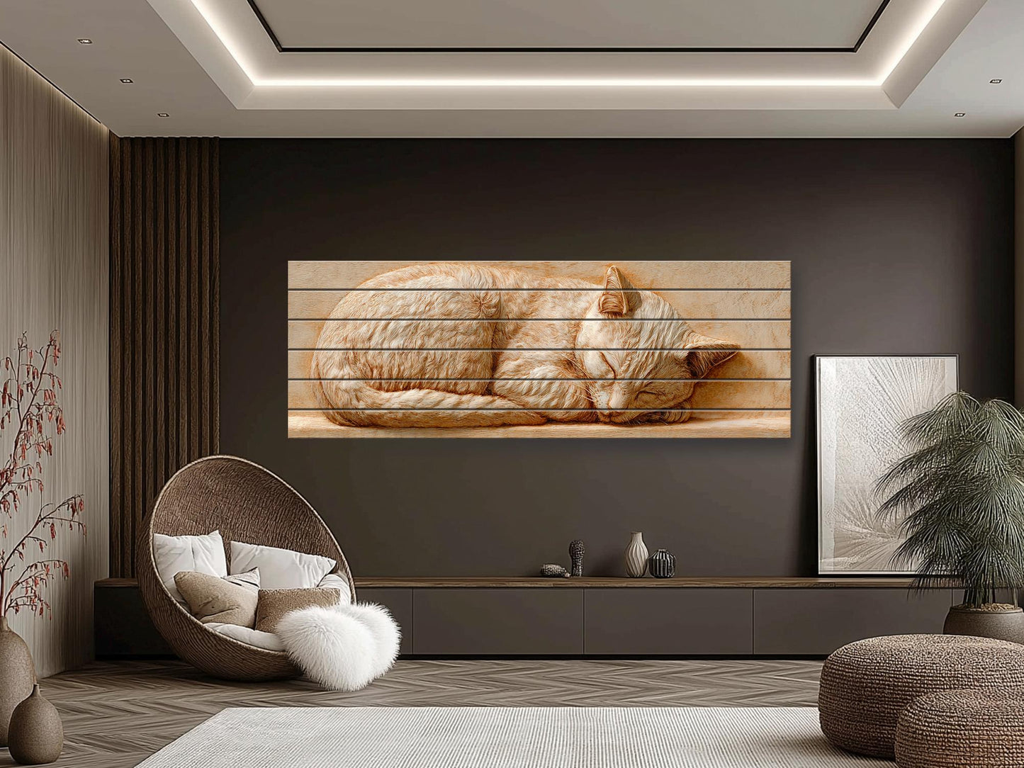 Sleeping Cat Wood Art – Rustic Wood Decor | Beige Wall Art | Cozy Home Print