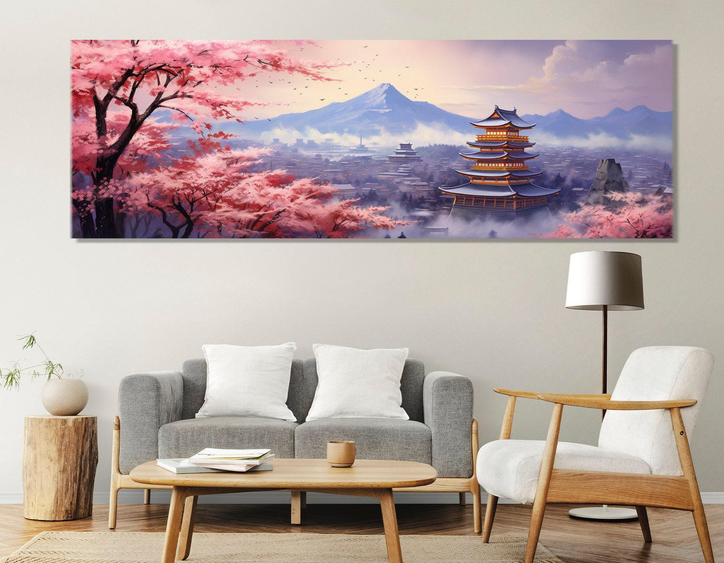 Fuji Mountain Canvas Print - Panoramic Sakura Blossom Japanese Wall Art, Ready to Hang