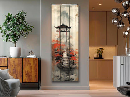 Japanese Torii Gate Wall Art – Misty Mountain Zen Landscape Decor on Wood Panel