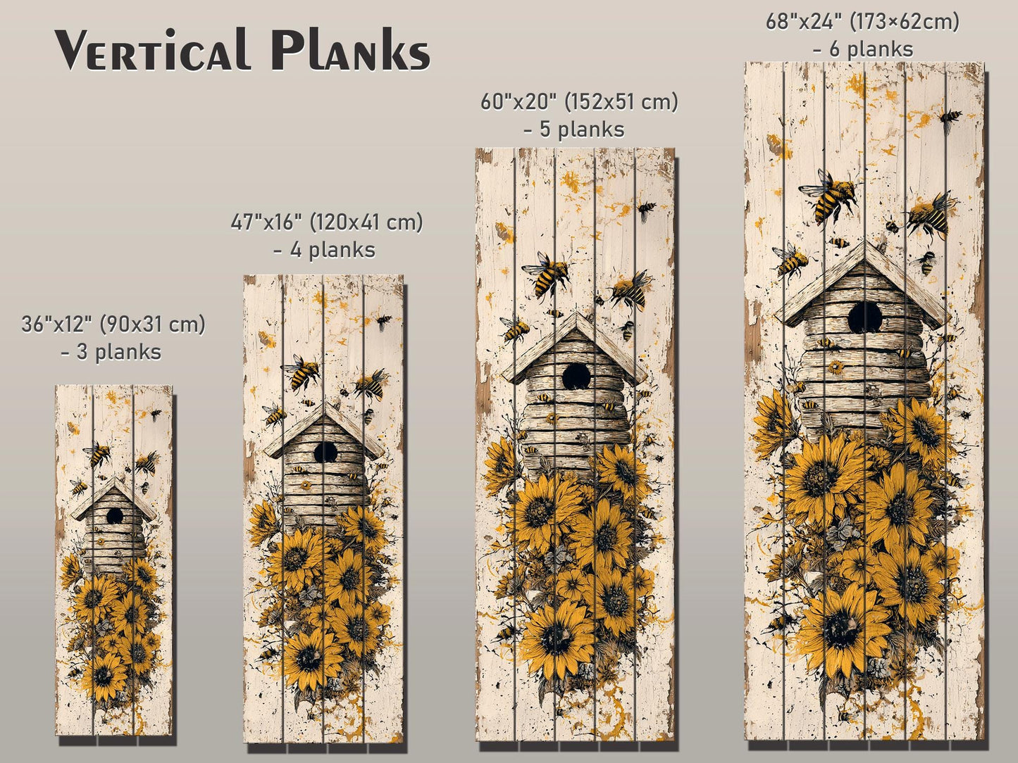 Rustic Wood Wall Art – Beehive Wood Print with Sunflower Floral Decor – Farmhouse Style