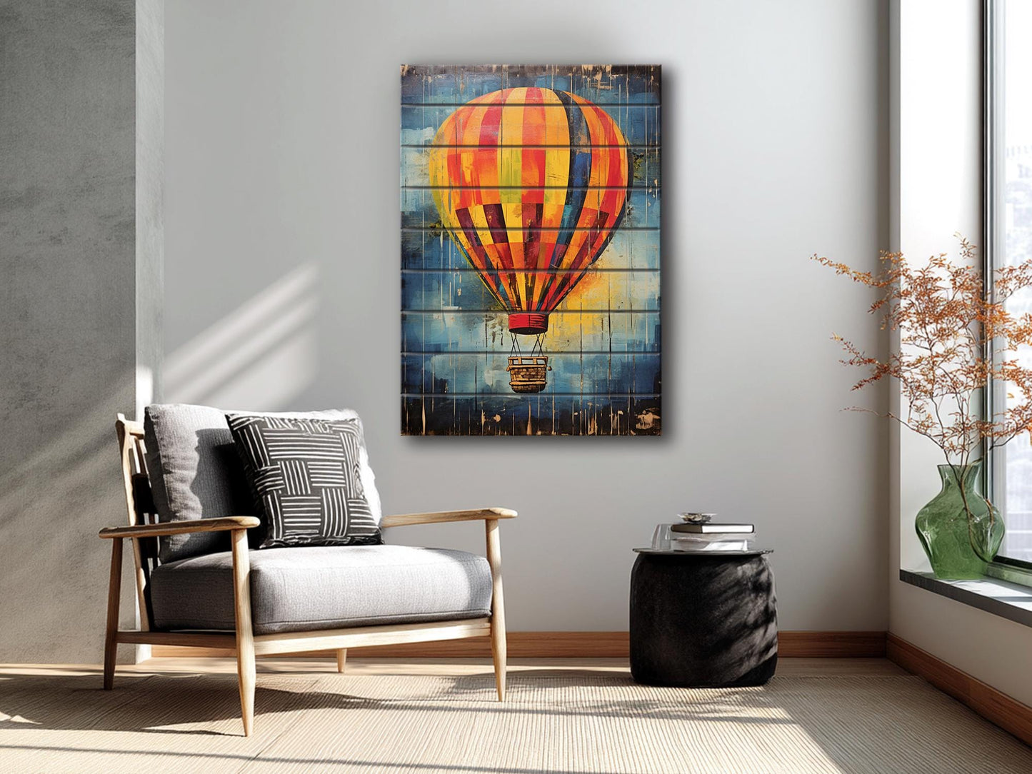 Rustic Wooden Wall Art – Hot Air Balloon Art on Natural Wood Print | Ready to Hang