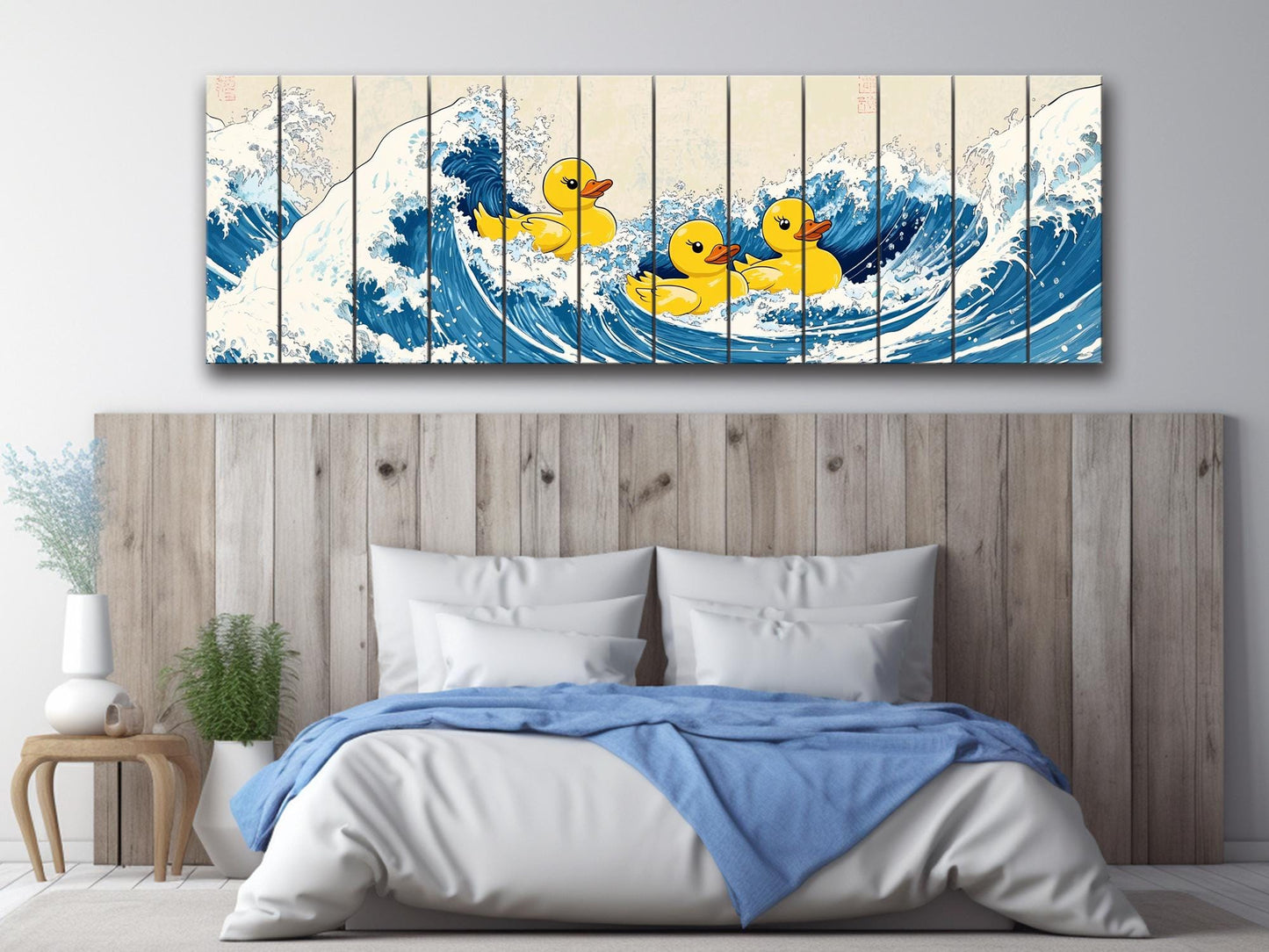 Rubber Ducks on The Great Wave off Kanagawa Print on Natural Wood – Fun Wall Art