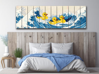 Rubber Ducks on The Great Wave off Kanagawa Print on Natural Wood – Fun Wall Art