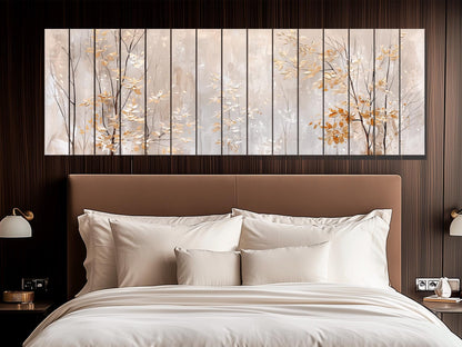 Wood Wall Art – Winter Forest Art with Golden Leaves Painting | Rustic Wood Panel Print