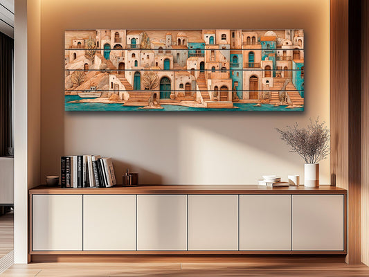 Mediterranean Wood Art - Rustic Coastal Wall Decor | Harbor Panorama Print