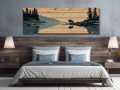 Horse and Rider Wood Print – Rustic River Wall Art with Natural Wood Texture