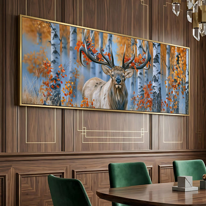 a large framed painting of a deer with antlers in a forest setting, hanging on a wooden wall.