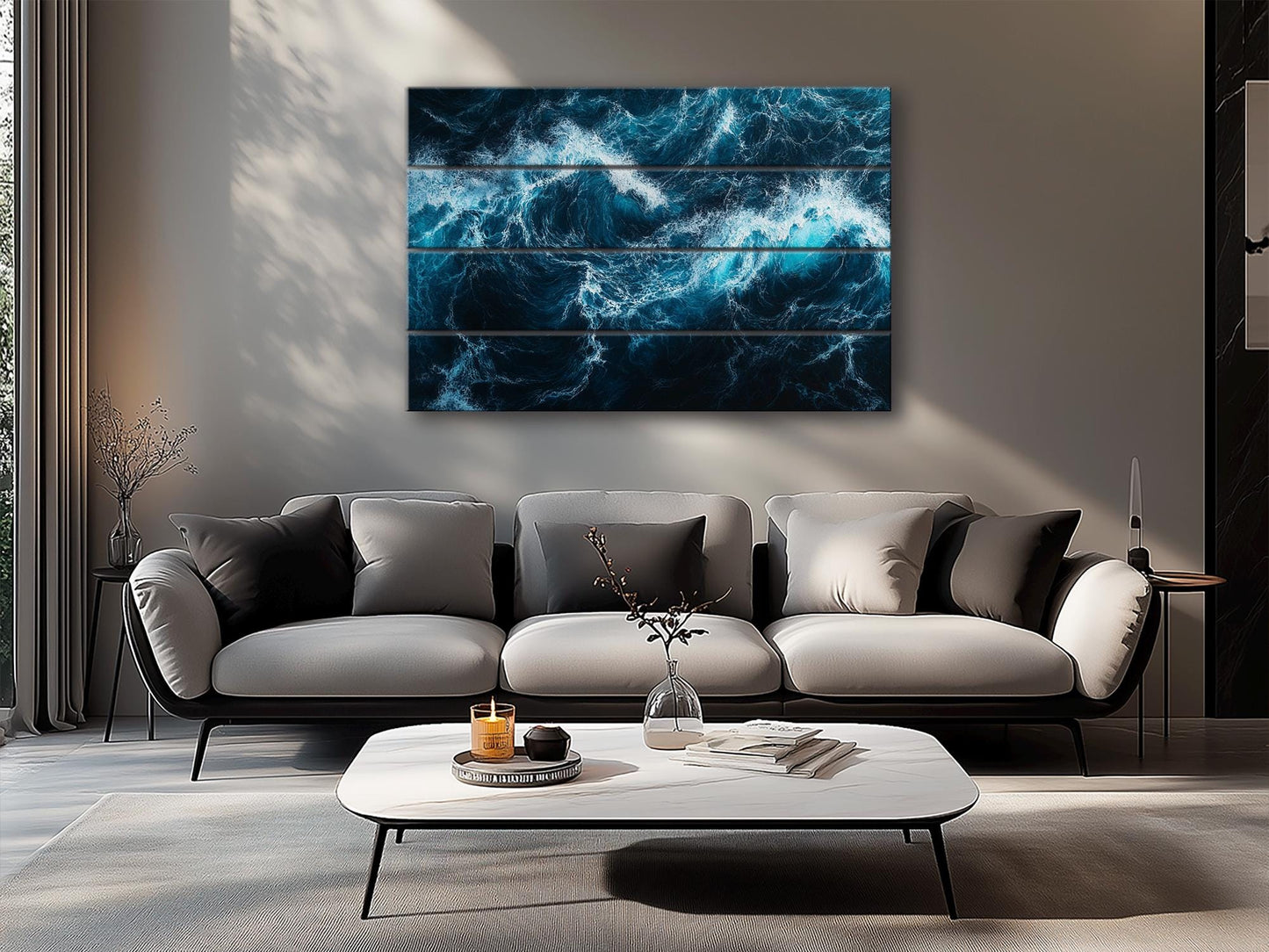Ocean Wall Art – Deep Blue Waves Print on Wood | Rustic Nautical Decor