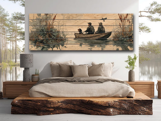 Vintage Duck Hunters Art – Rustic Cabin Decor Wooden Hunting Print on Wood Panel