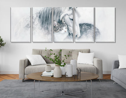 Horses And Cat Canvas - Framed Cotton Canvas Print | Minimalist Wall Art Decor