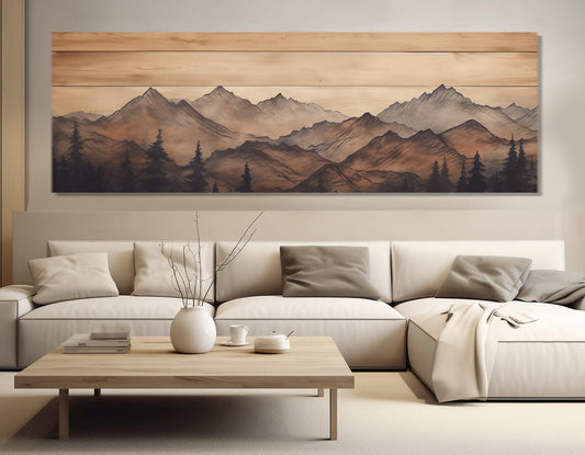 Mountains Wall Art – Rustic Mountains Art Framed Canvas Print | Soft Tone Mountain Decor