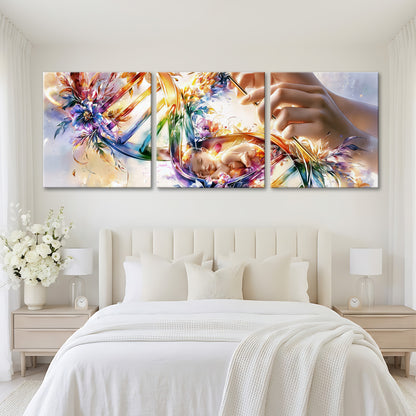 A large, colorful, and abstract painting of a flower-like shape adorns the wall above a bed with white bedding in a bedroom setting.