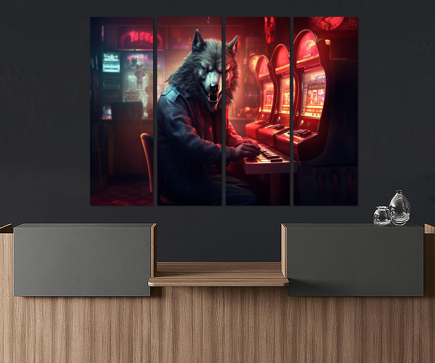 Wolf Canvas Print - Funny Angry Wolf Playing Slot Machines | Casino Wall Art Ready to Hang