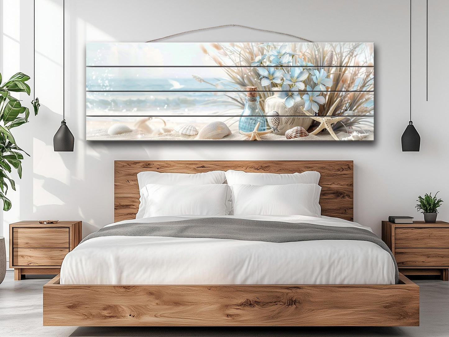 Wooden Wall Art – Coastal Beach Still Life Print on Natural Wood Planks