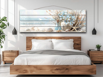 Wooden Wall Art – Coastal Beach Still Life Print on Natural Wood Planks