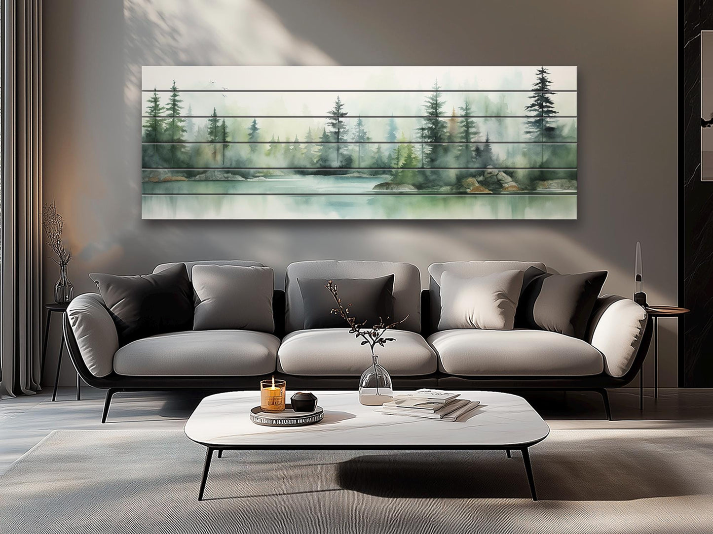 Lake And  Forest in Soft Watercolor Print On Natural Wood