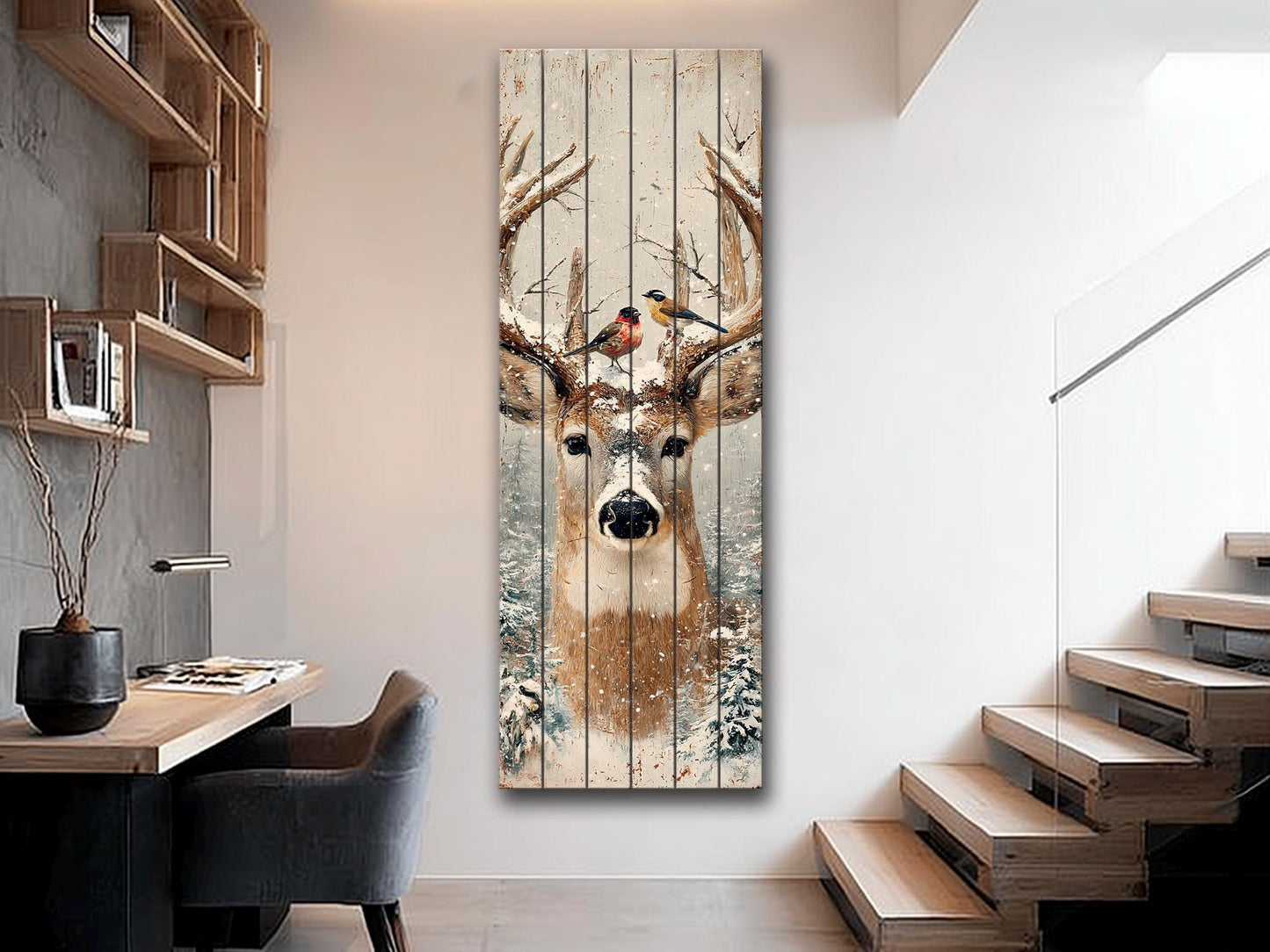 Deer Head Winter Print on Wood – Snowy Antlers Forest Scene, Rustic Wall Decor