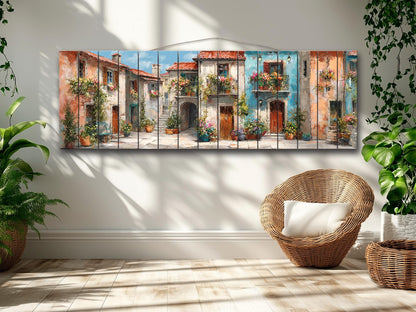 Italian Wood Wall Art - Handcrafted Wood Print Featuring Flower Balcony & Rustic Decor