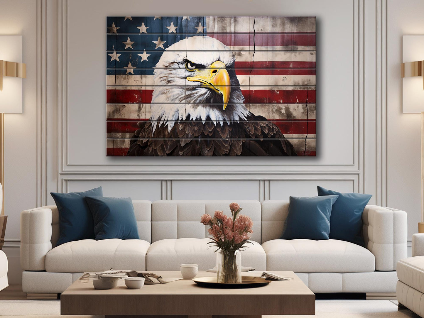 Rustic Patriotic Wall Art – Bald Eagle Wall Decor on Natural Wood Plank
