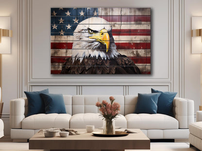 Rustic Patriotic Wall Art – Bald Eagle Wall Decor on Natural Wood Plank