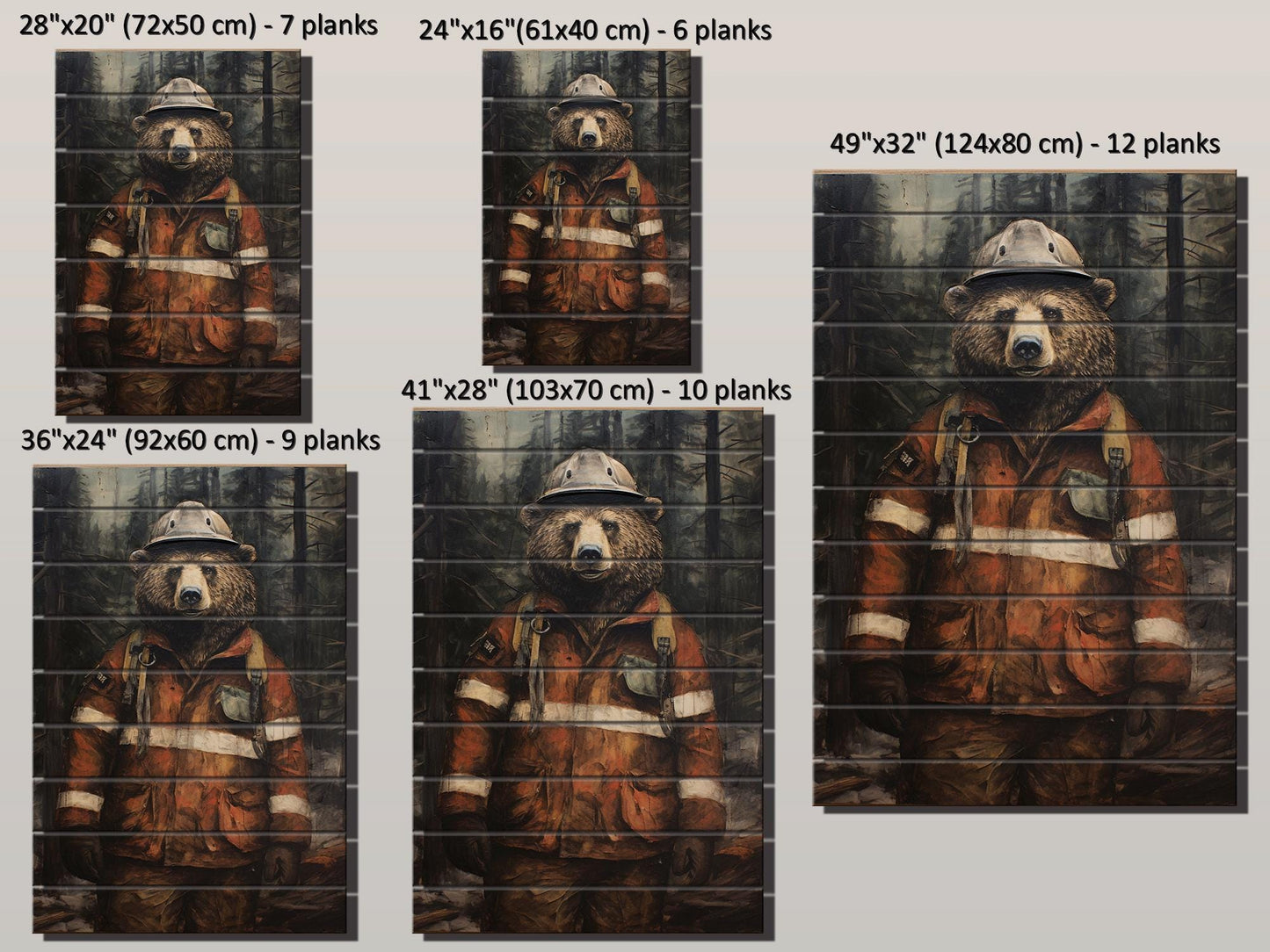 Rustic Fireman Bear Print on Natural Wood – Nursery Animal Wall Art