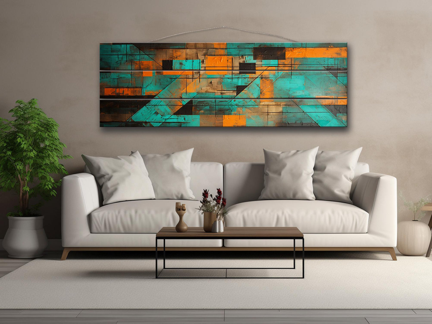 Abstract Geometric Print on Natural Wood, Contemporary Home Decor, Framed & Ready to Hang