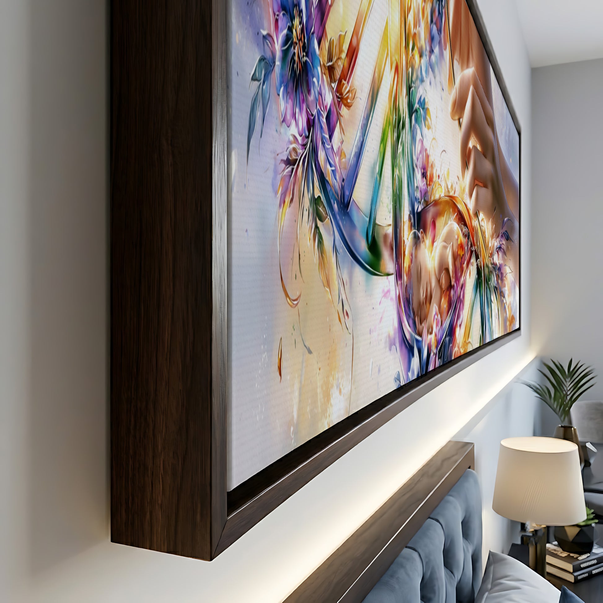 a large, colorful abstract painting hanging on a wall, with a wooden frame surrounding it.