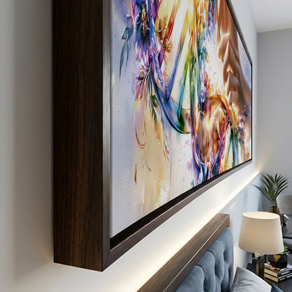 a large, colorful abstract painting hanging on a wall, with a wooden frame surrounding it.