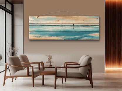 Paddleboarding Wall Art – Nautical Coastal Print on Natural Wood | Rustic Beach House Decor