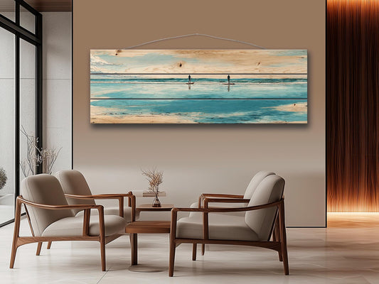 Paddleboarding Wall Art – Nautical Coastal Print on Natural Wood | Rustic Beach House Decor