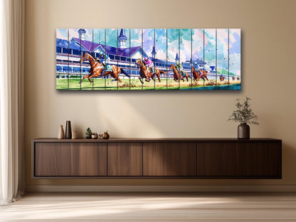 Horse Racing Wall Art – Rustic Natural Wood Print | Vibrant Outdoor Sports Decor