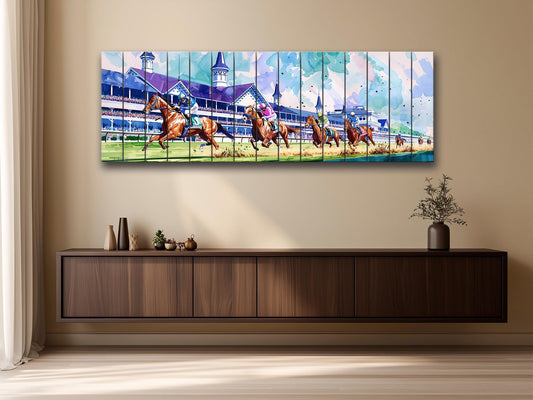 Horse Racing Wall Art – Rustic Natural Wood Print | Vibrant Outdoor Sports Decor