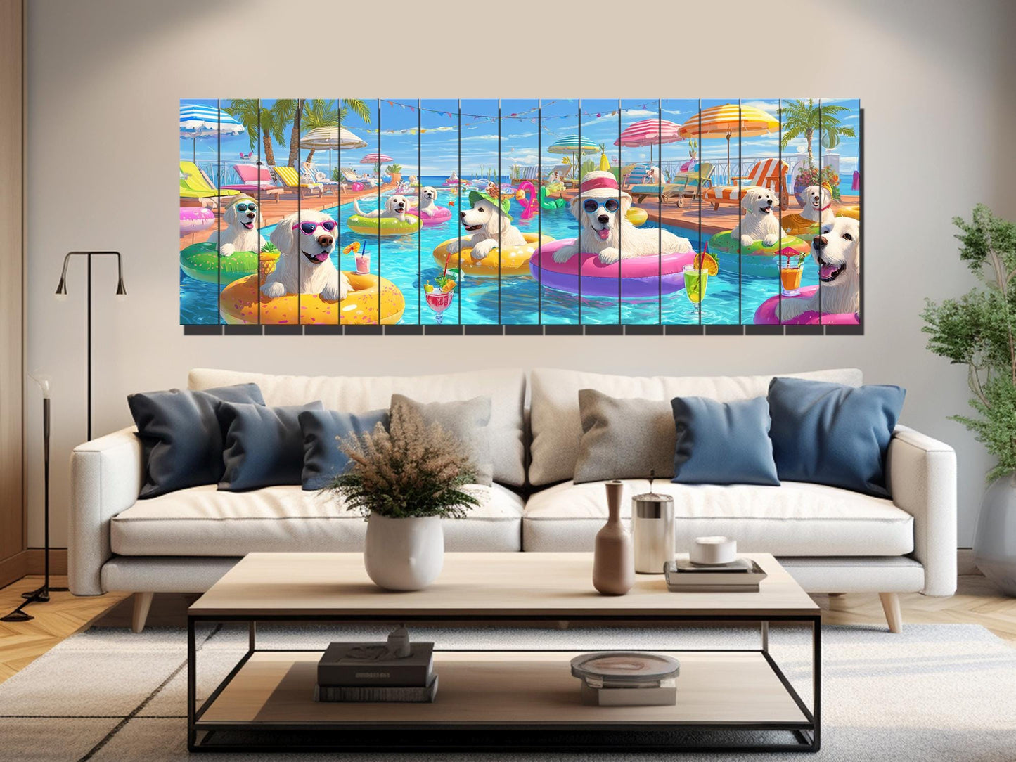 Golden Retriever Wall Art – Playful Pool Party Dog Print on Rustic Wood