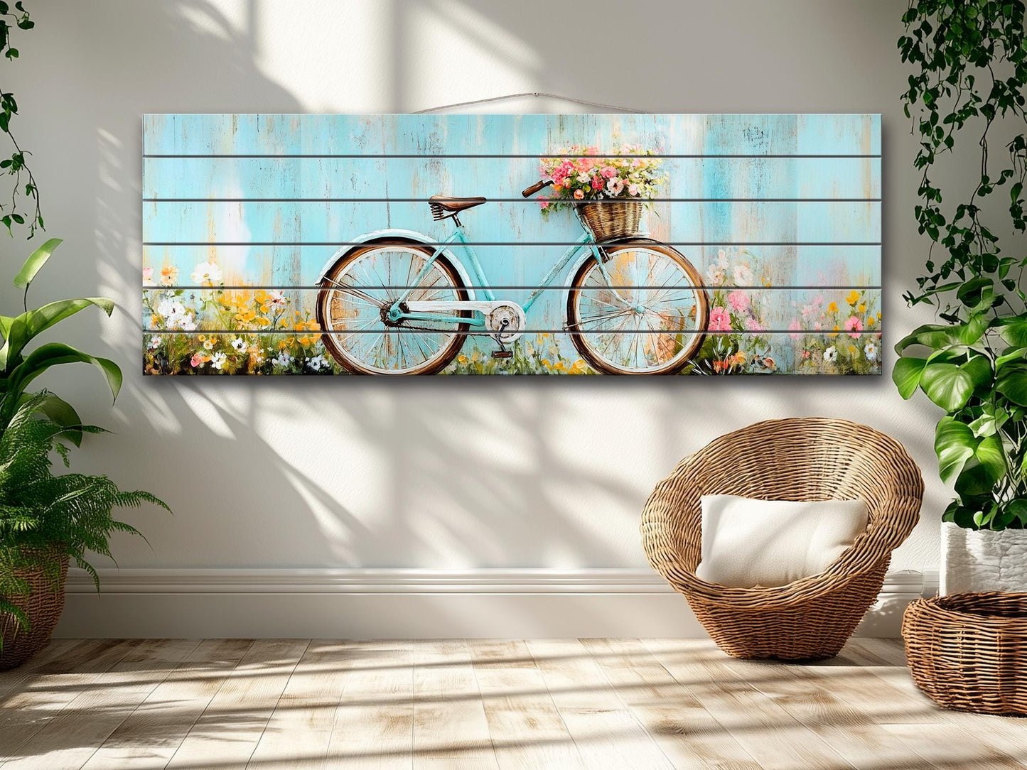 Vintage Bicycle Wall Art – Rustic Floral Print on Natural Wood Plank Art