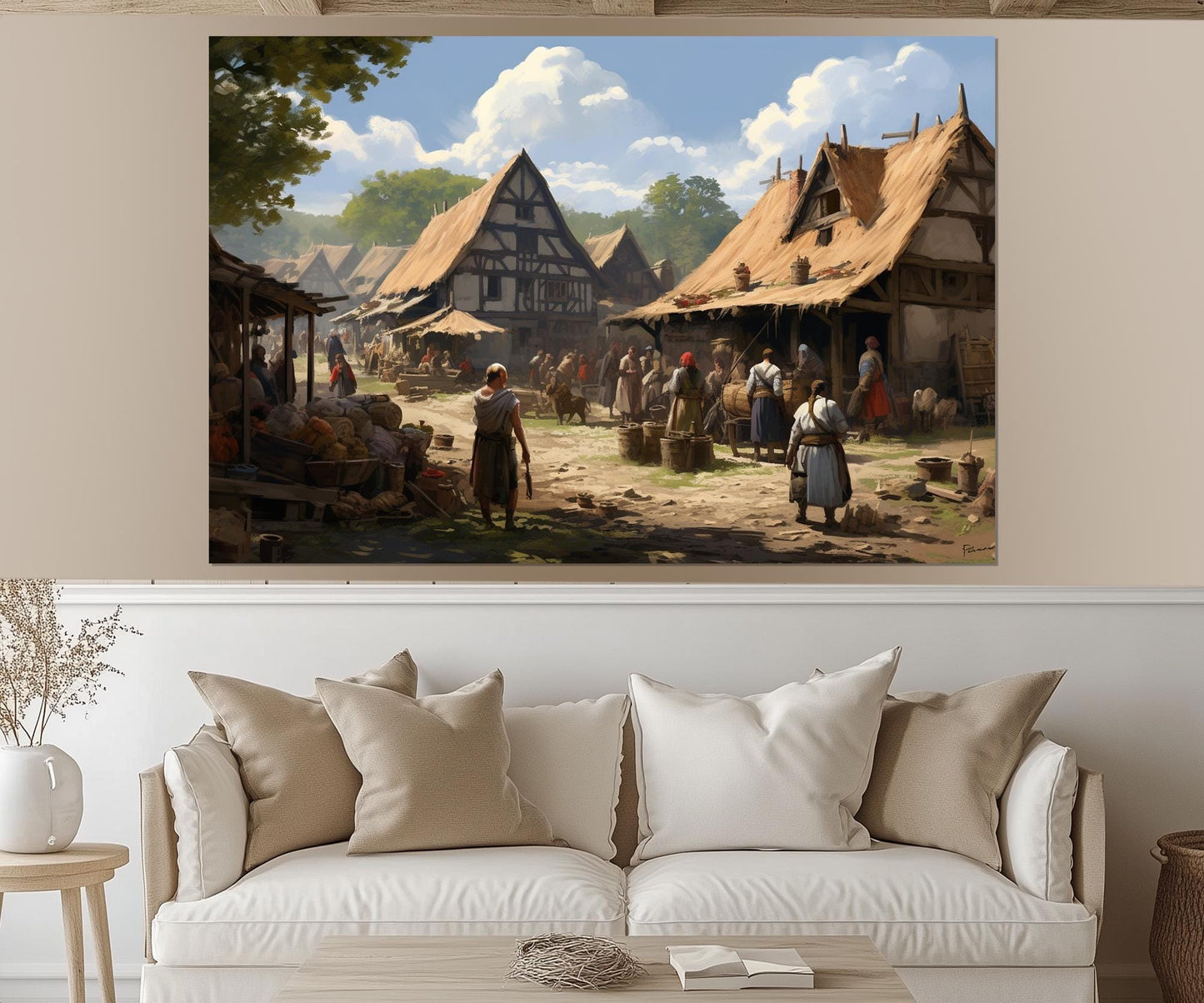 Slavic Village Painting - Framed Canvas Art | Ready to Hang Rustic Wall Decor