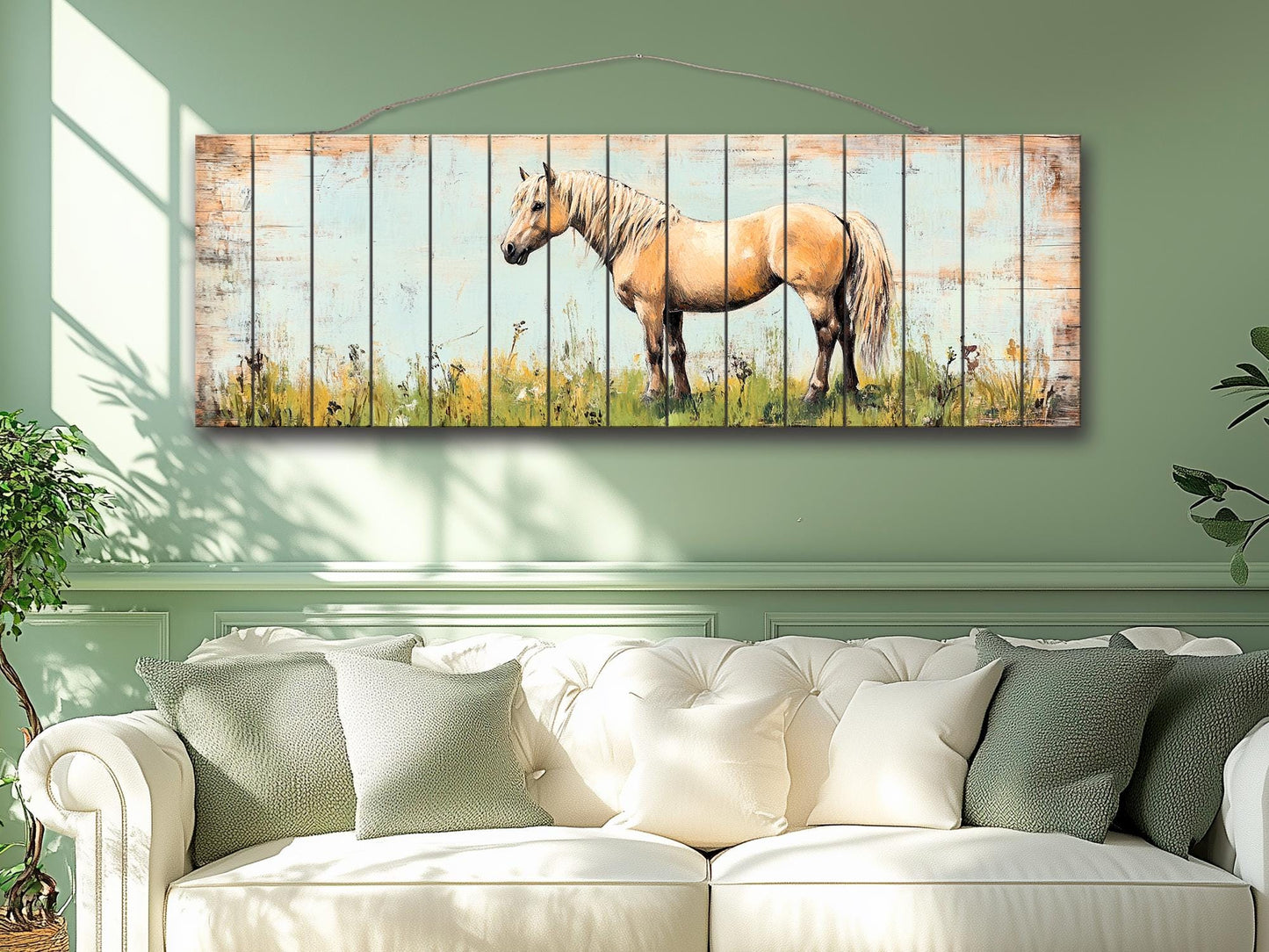 Rustic Wood Wall Art - Pony in a Grassy Field Print on Natural Wood, Horse Painting, Horses Wall Art, Pony Poster, Farmhouse Wall Decor