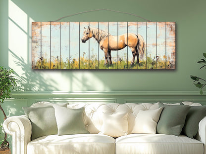 Rustic Wood Wall Art - Pony in a Grassy Field Print on Natural Wood, Horse Painting, Horses Wall Art, Pony Poster, Farmhouse Wall Decor