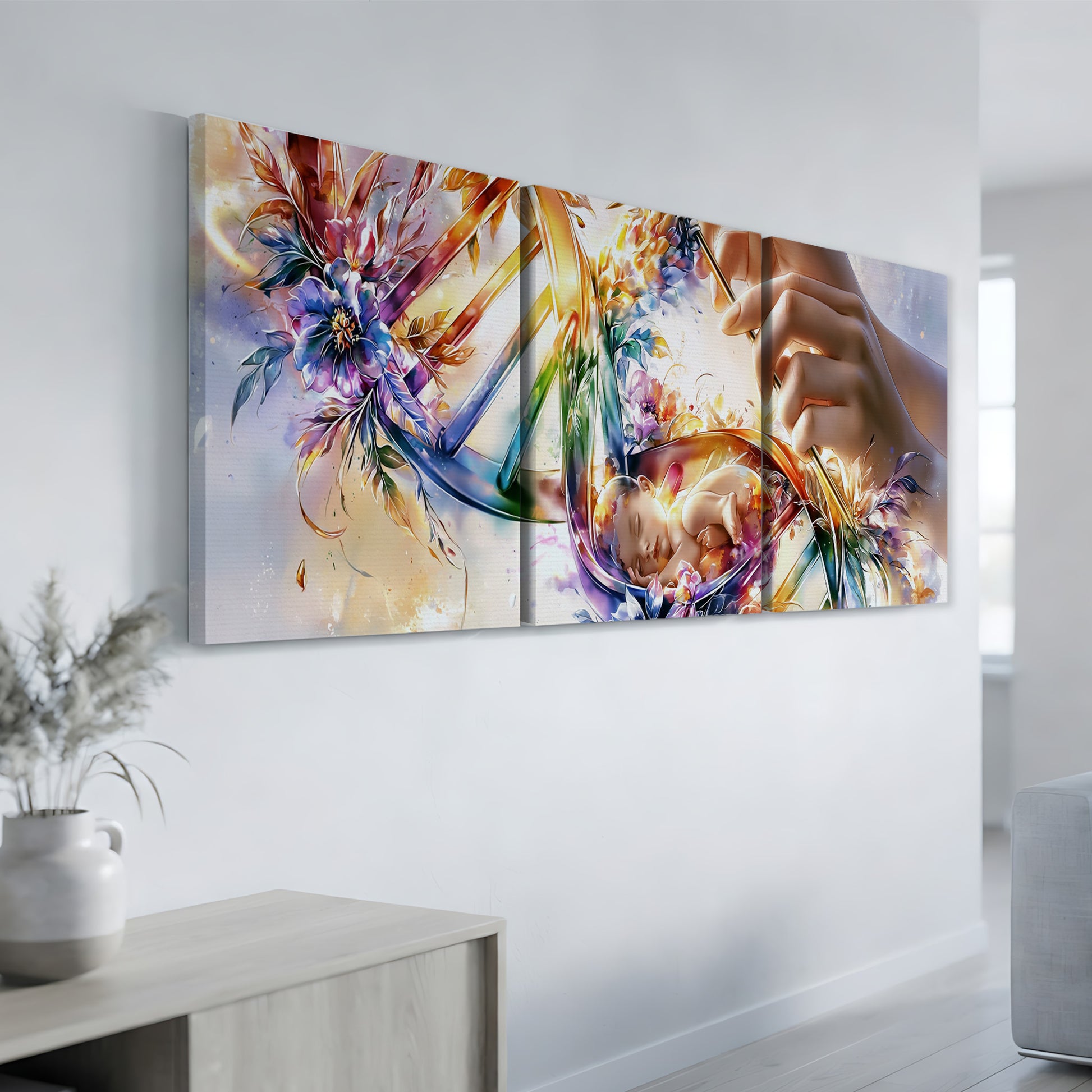 a large, colorful abstract painting hanging on a white wall.