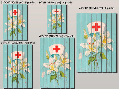 Rustic Wood Wall Art – Nurse Cap Wall Decor with Lilies – Farmhouse Medical Art Printed on Wood