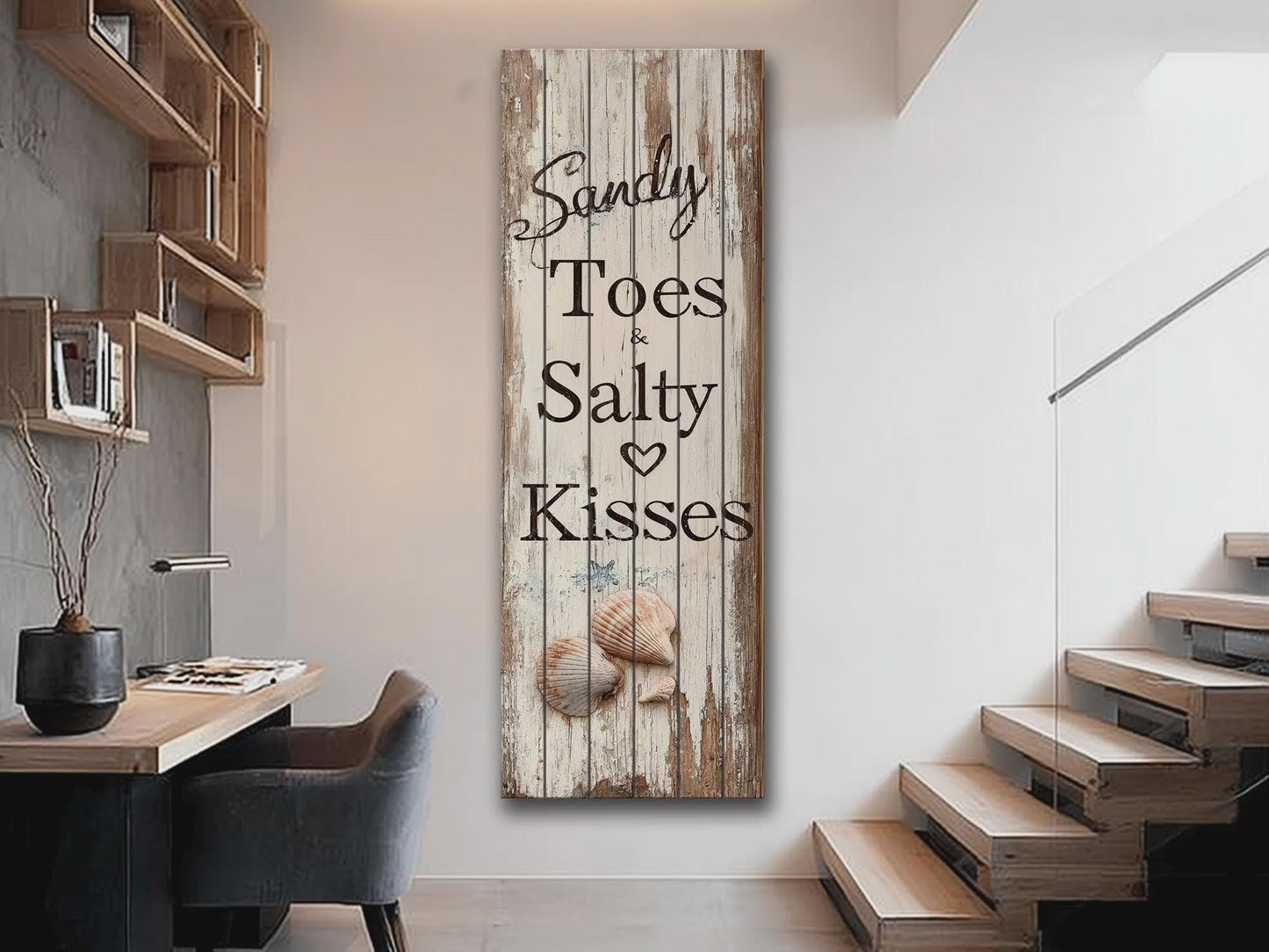 Rustic Beach Wall Art – Sandy Toes & Salty Kisses Coastal Wood Sign Decor