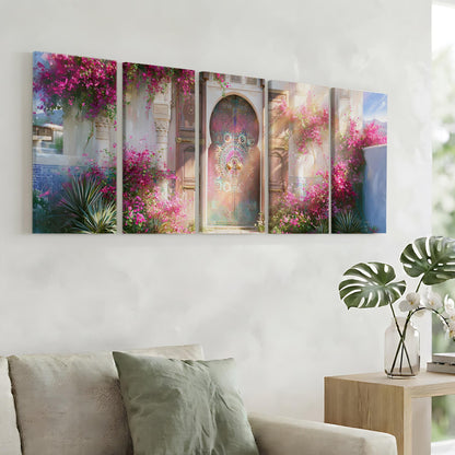 a living room with a large, colorful painting of a garden hanging on the wall. The painting depicts a vibrant scene with pink flowers, green plants, and a decorative archway. The painting is composed of five panels, each showcasing different elements of the garden scene. The room is furnished with a couch and a side table, creating a cozy and inviting atmosphere.