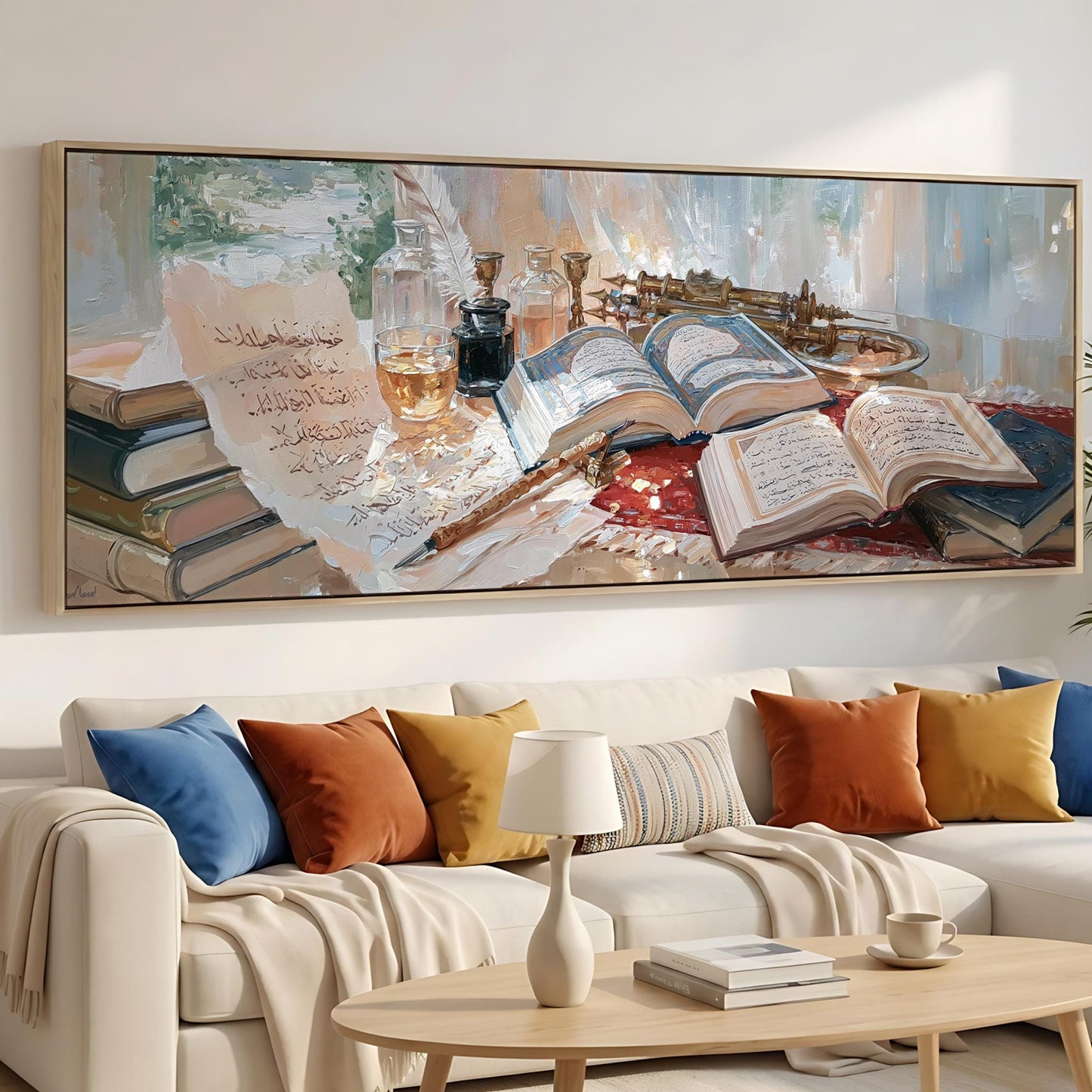 a cozy living room with a large painting of an open book and various objects, such as a lamp, a vase, and a stack of books, arranged on a table. The room has a comfortable couch with colorful pillows and a coffee table with a book and a cup.