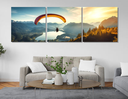 Skydiving Wall Art – Parachute Canvas Print Over Lake Panorama | Ready to Hang Decor