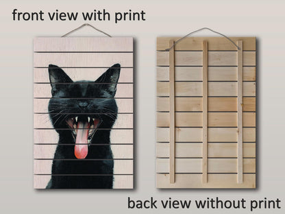Black Cat Wall Art – Natural Wood Print | Minimalist Cat Decor, Rustic Wood Artwork