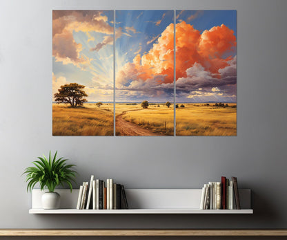 Rustic Landscape Canvas Print – Scenic Field Painting with Golden Autumn Decor