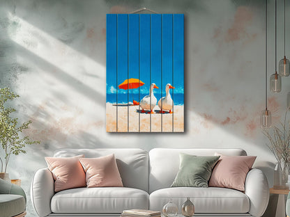 Wood Wall Art – Two Geese Sunbathing | Minimalist Farmhouse Wall Decor on Wood Planks